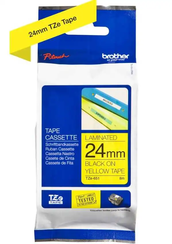 Brother TZe-651 24mm Sarı üzerine Siyah Laminasyonlu Etiket