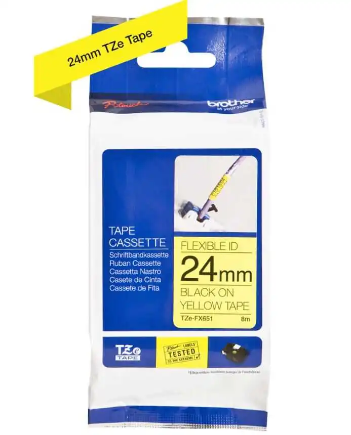 Brother TZe-FX651 24mm Sarı üzerine Siyah Esnek Etiket